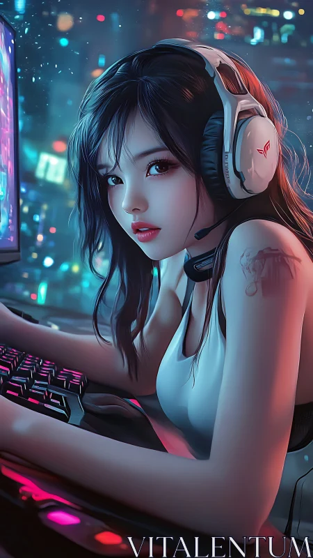Neon-lit cyber gamer portrait with immersive peripheral detail.