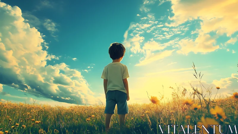 Child gazes toward a glowing summer horizon in wildflower field