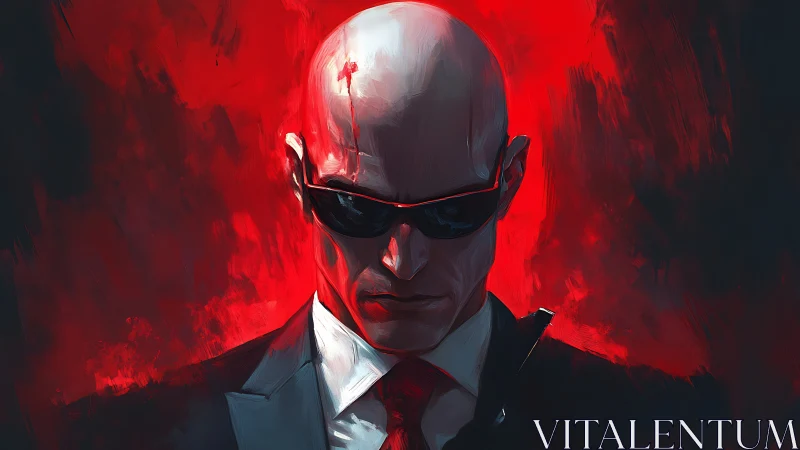 Bald suited enforcer in red backlit digital portrait