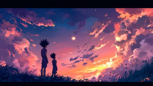 Stargazing siblings under sherbet storm clouds at dusk.