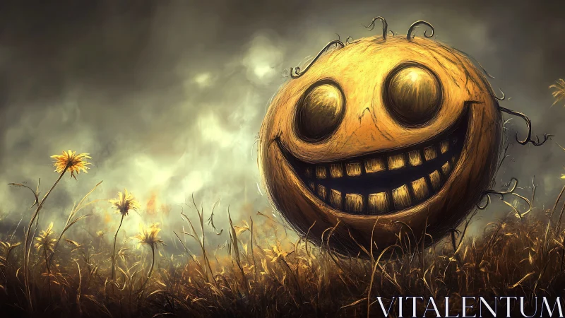 Grinning pumpkin sphere in hazy yellow wildflower field.