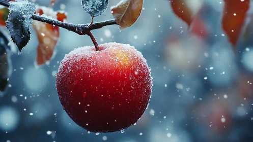Frosted red apple hangs under snowfall on blurred bokeh branch.