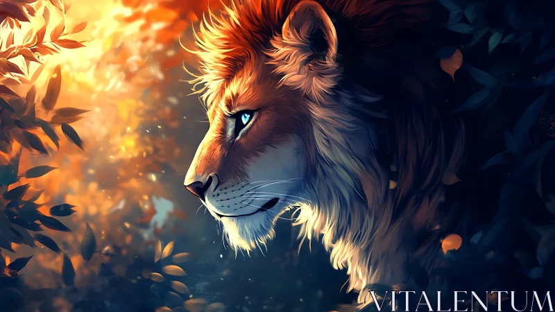 Lion profile in warm forest light, blue eyes glowing.