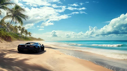 Black sports car parked on sunny tropical ocean beach