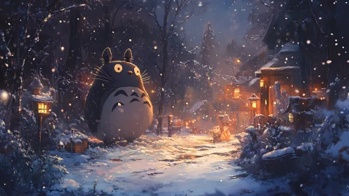 Winter forest spirit in lantern lit snow village at dusk.