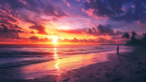 Radiant shoreline sunset with quiet figure in reflection.