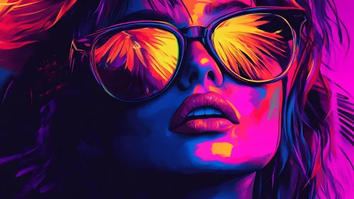 Neon portrait shows woman in reflective sunglasses, blazing color.