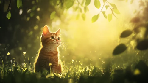 Ginger kitten sitting in soft sunlight under green leaves.