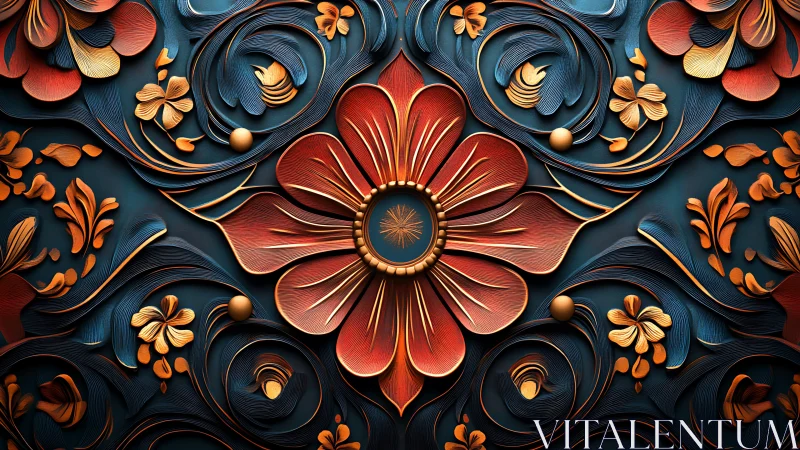 Symmetric 3D floral relief with metallic accents and layered curvature