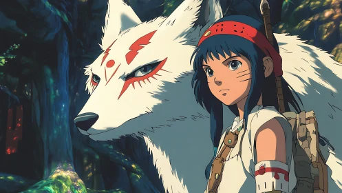 Forest warrior and marked white wolf rendered in cel-shaded anime