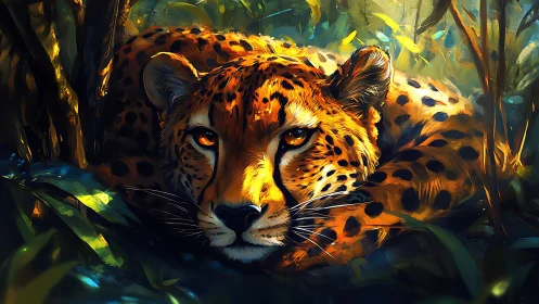 Spotted Leopard in Forest Setting with Warm Lighting