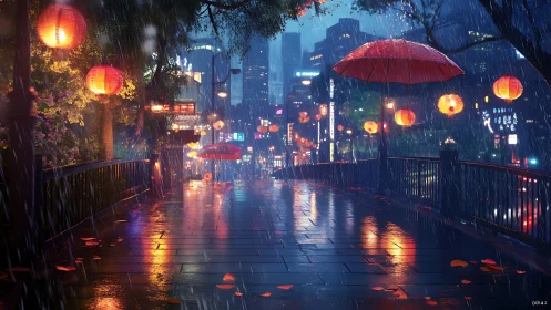 Rain-kissed city bridge glows under drifting red umbrellas