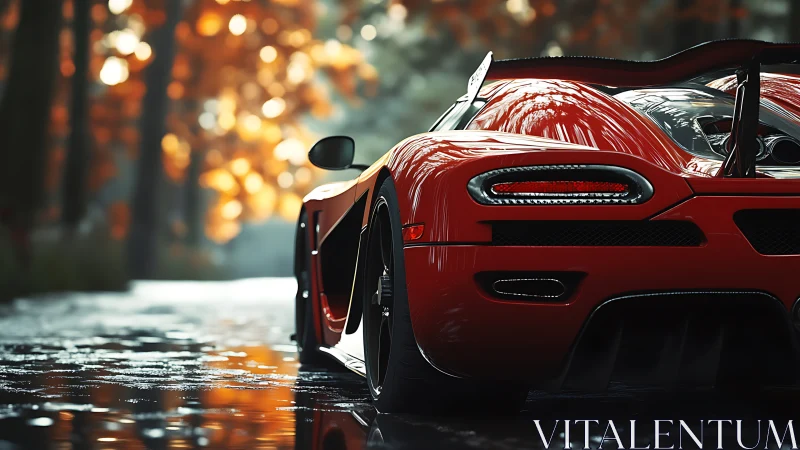Hypercar rear profile rendered on wet forest road at dusk