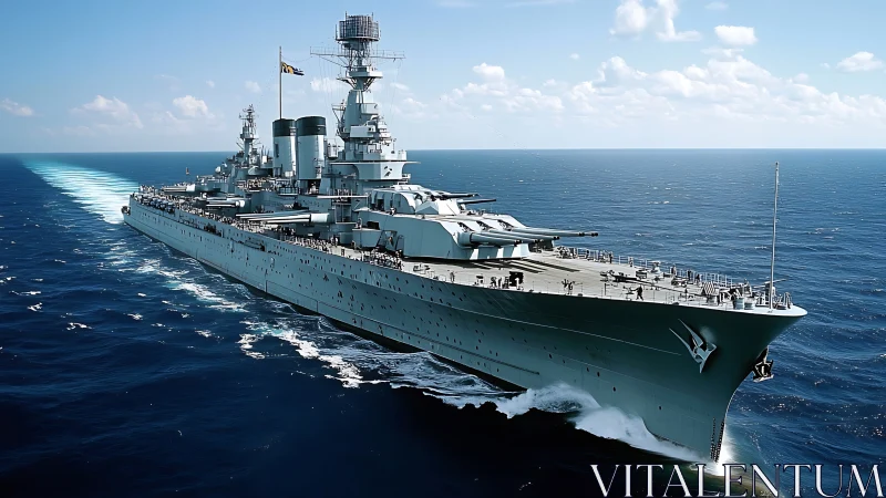 Modern battleship cuts across open ocean under clear sky