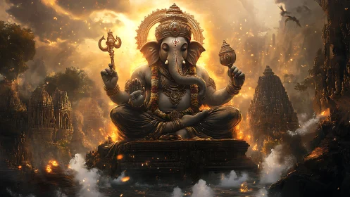 Radiant elephant deity seated in glowing temple ruins.