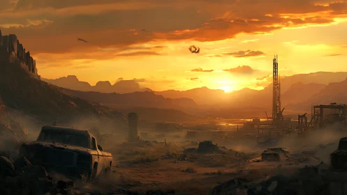 Rust-red sunset over a lonely post-apocalyptic valley.