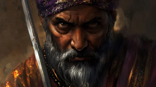 Weathered warrior meets the viewer with a steady, fierce gaze