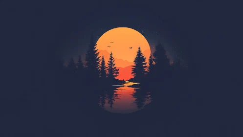 Golden moonrise gently glows above quiet forest waters