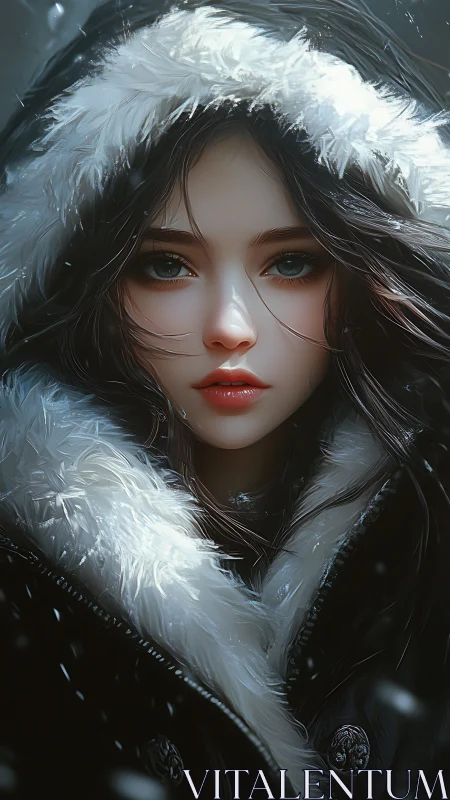 Young woman in fur hooded winter coat faces viewer directly