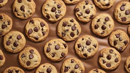 Rows of golden chocolate chip cookies on brown background.