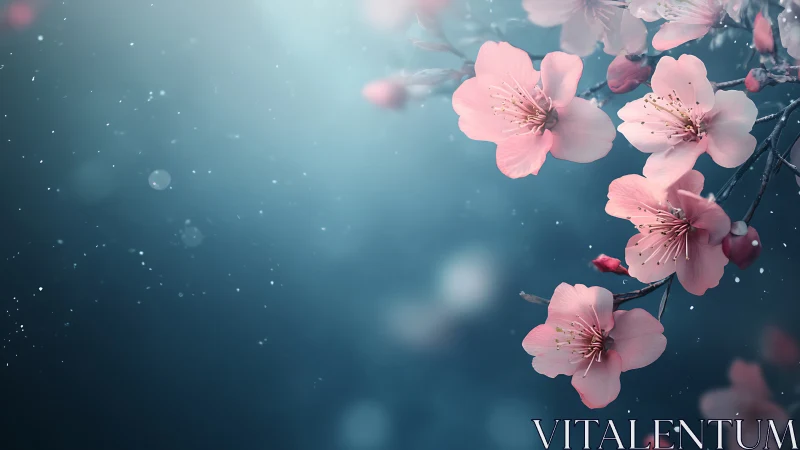 Delicate Cherry Blossoms Dance in Peaceful Blue Light.