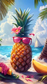 Pineapple wears pink sunglasses on sunny tropical beach
