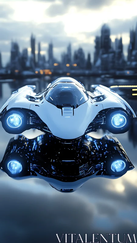 Futuristic hover car glides above neon city at dusk