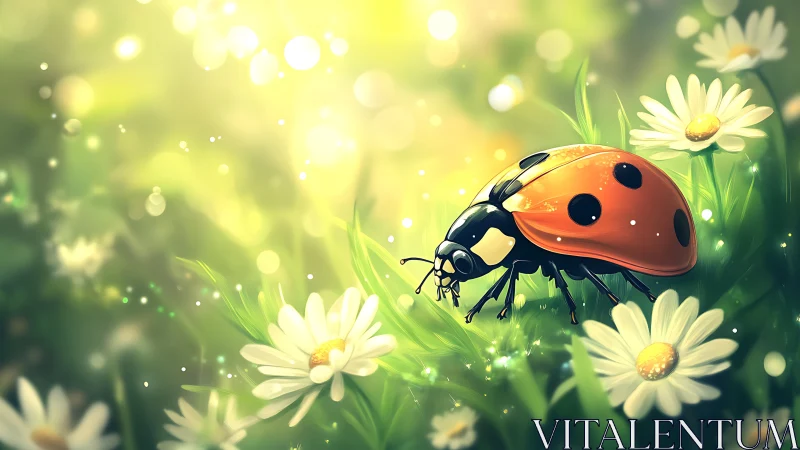 Ladybug explores sunlit daisies in a glowing spring garden