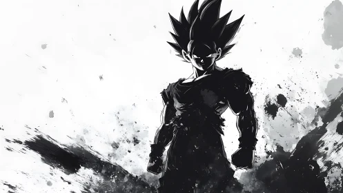 Ink-splashed anime warrior rising from swirling shadows.