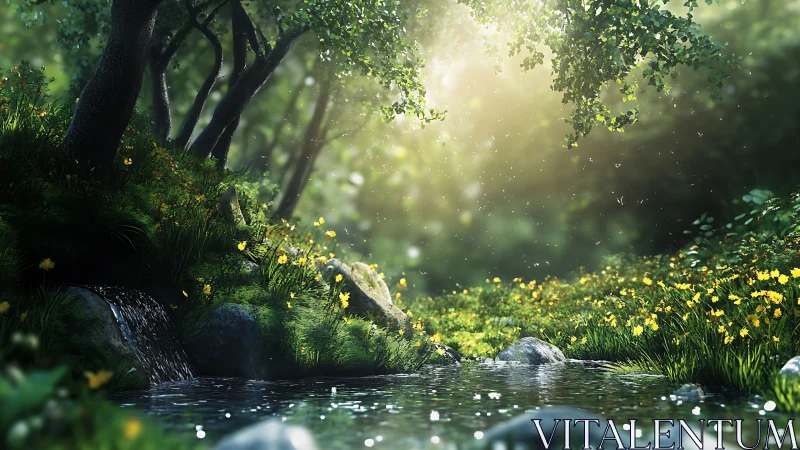 Luminous forest creek with cascading spring light rays.