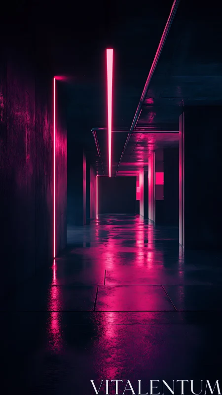 Neon corridor with pink reflective light and deep shadows.