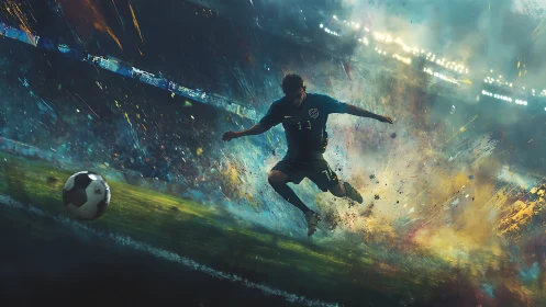 Kinetic digital painting of soccer striker in explosive motion field.