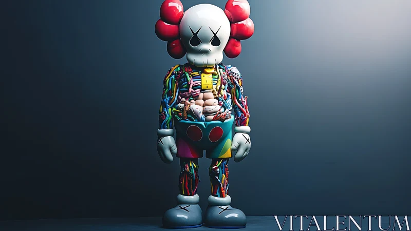 Color-sliced vinyl skeleton toy reveals playful anatomy.