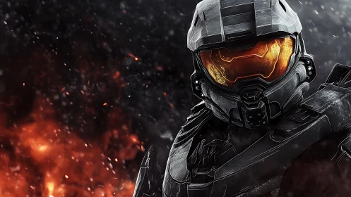 Armored sci fi soldier advances through firestorm battlefield.