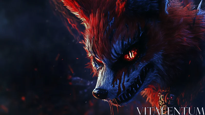 Digital painting of demonic fox head with infernal lighting.
