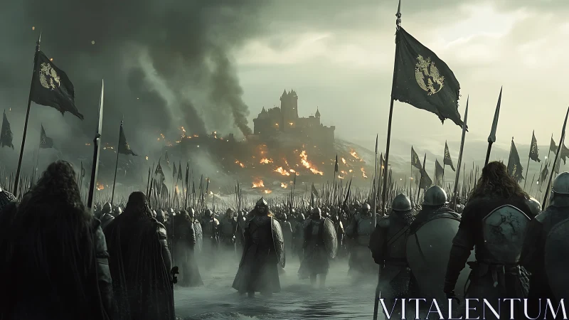 Steel tide advances on a burning fortress beneath storm skies.