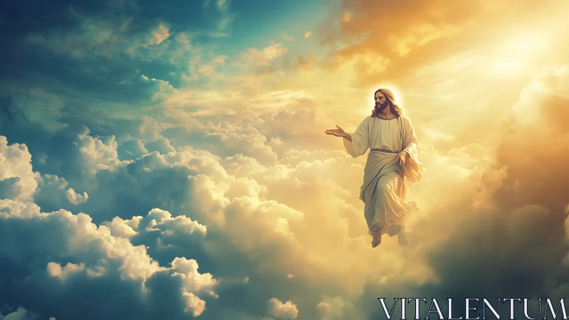 Radiant celestial Jesus ascends through glowing golden clouds