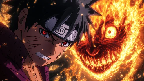 Fiery ninja warrior confronts menacing blazing spirit