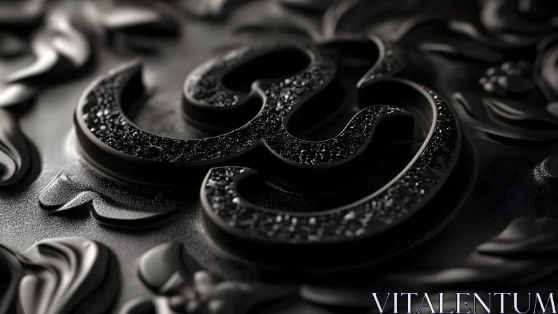 Elegant black Om symbol on ornate textured background, 3D style.