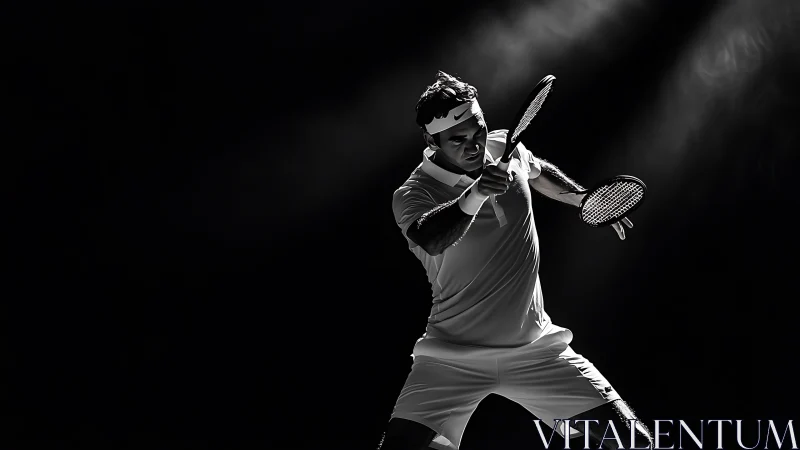 Dynamic tennis forehand in dramatic low key lighting.