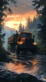 Heavy truck crossing shallow stream in forest at sunset.