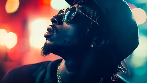 Neon city glow surrounds a thoughtful man in cool shades