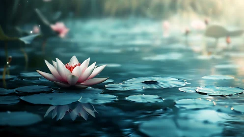 Digital painting of lotus bloom on tranquil reflective pond.