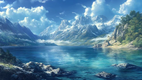 Mountain lake reflects snow peaks under clear blue sky