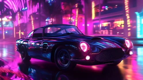 Neon drenched classic coupe slices through electric midnight