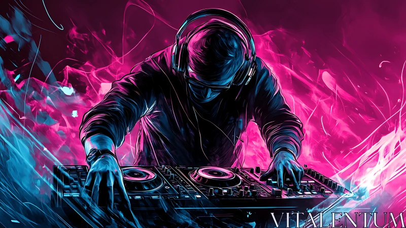Neon-lit DJ in electric magenta and cyan soundstorm.