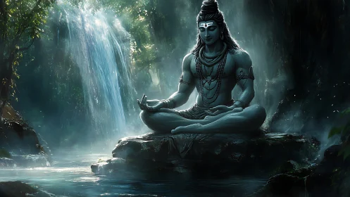 Silent river yogi beneath emerald waterfall hushes time.