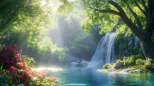 Waterfall pours into clear forest pool under bright sunlight