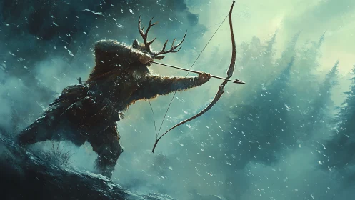 Antlered archer draws bow in blizzard forest.