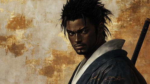 Samurai warrior portrait against distressed gold canvas.